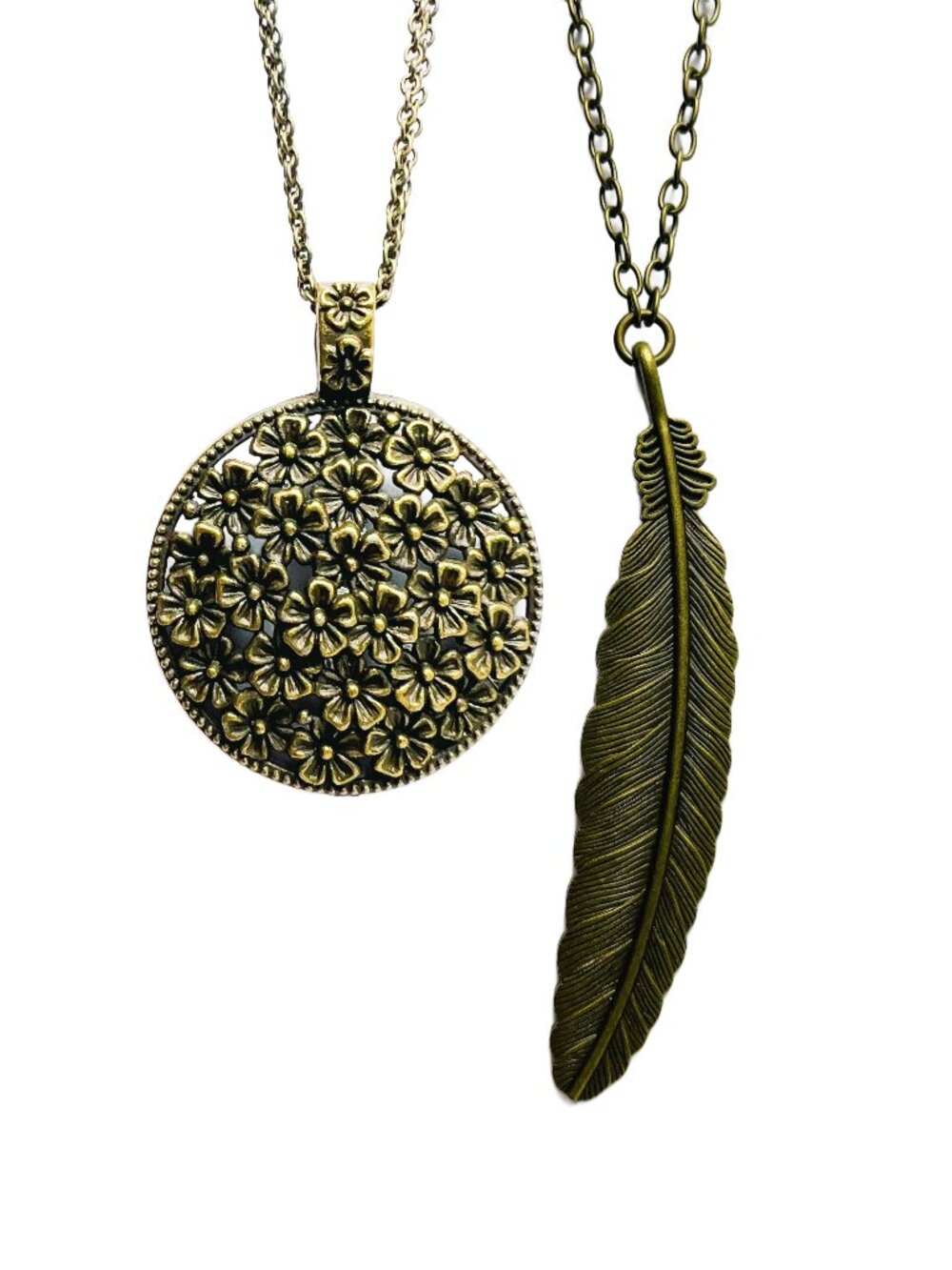 Set of 2 Pendant Necklaces Flower Feather Antique Bronze Tone